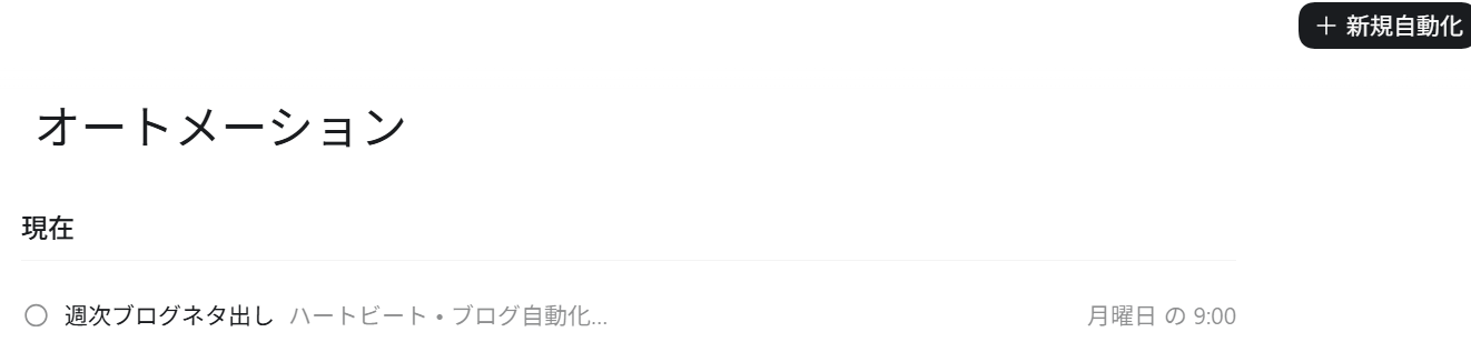 Codexのオートメーション一覧画面で週次ブログネタ出しが設定されている様子