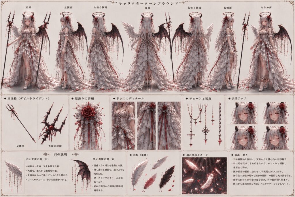 白髪と赤い瞳、左右非対称の翼を持つ女性キャラクターの設定画