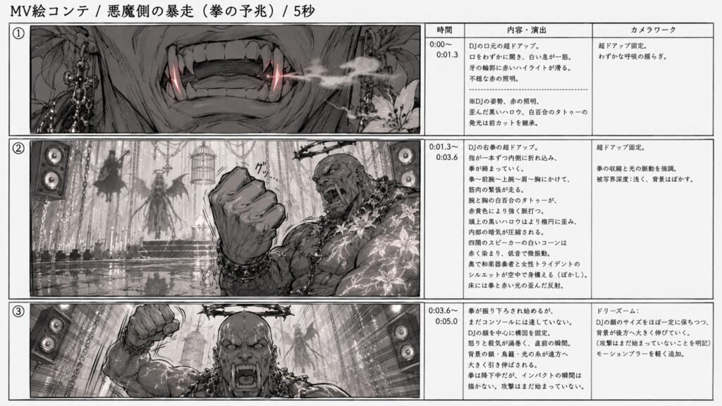 悪魔側DJが拳を振り下ろす場面の5秒絵コンテ