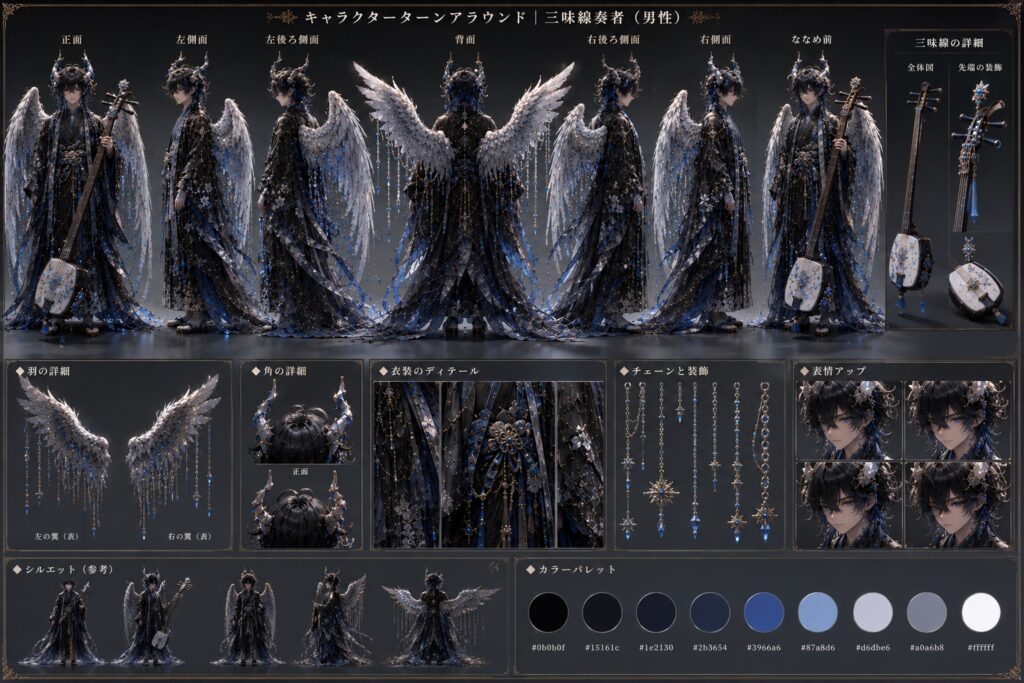 黒い衣装と白い翼で三味線を持つ男性キャラクターの設定画