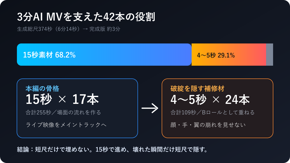 42本のAI生成動画における15秒本編と4〜5秒Bロールの役割
